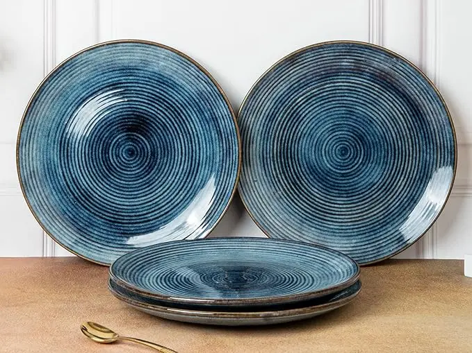 Handcrafted Stoneware Reactive Glaze Ceramic Dinner Plates, 4 Pieces Serving for 4, Microwave and Dishwasher Safe, Bone-ash Free, Plates for Dining and Gifting, Reactive Blue