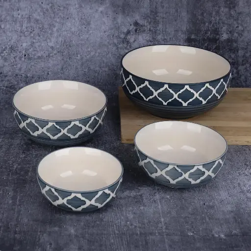 Ceramic Mixing Bowl Set 4 Different Size Bowl - 1000ML, 750Ml, 500Ml, 300Ml Gray, Salad Bowl | Soup Bowl | Dessert Bowl | Mix Bowl Set