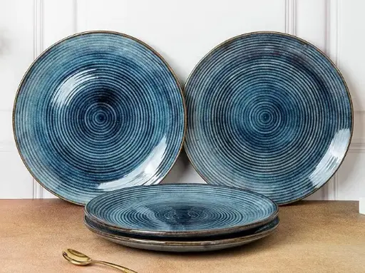 Handcrafted Stoneware Reactive Glaze Ceramic Dinner Plates, 4 Pieces Serving for 4, Microwave and Dishwasher Safe, Bone-ash Free, Plates for Dining and Gifting, Reactive Blue